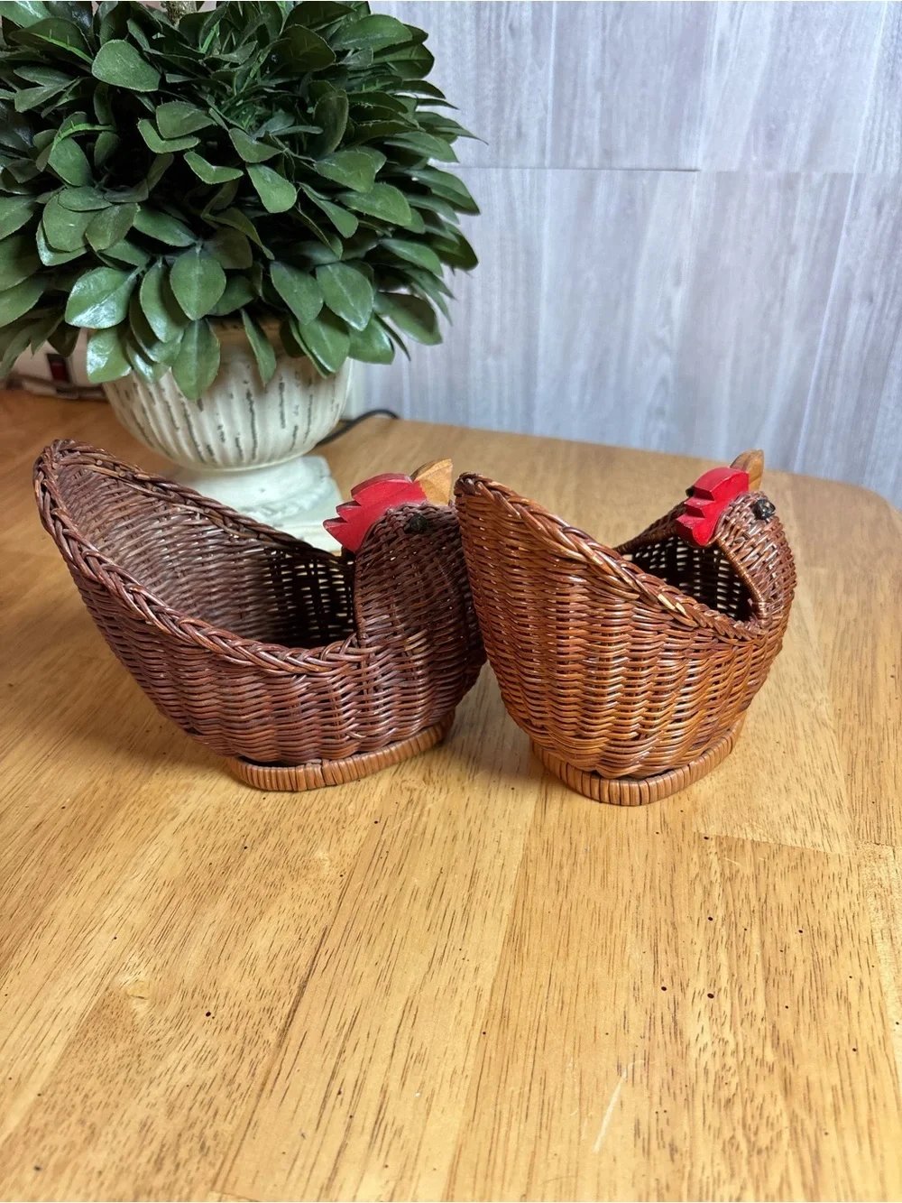 Vintage Pair of Mini Woven Wicker Chicken Baskets with Red Wooden Combs